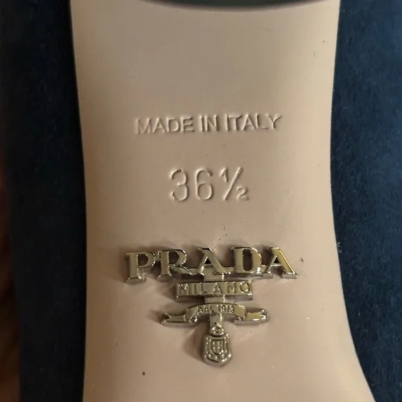 Prada Women's Blue Suede Block Heels with Silver Floral Accent 6.5 - Picture 4 of 6